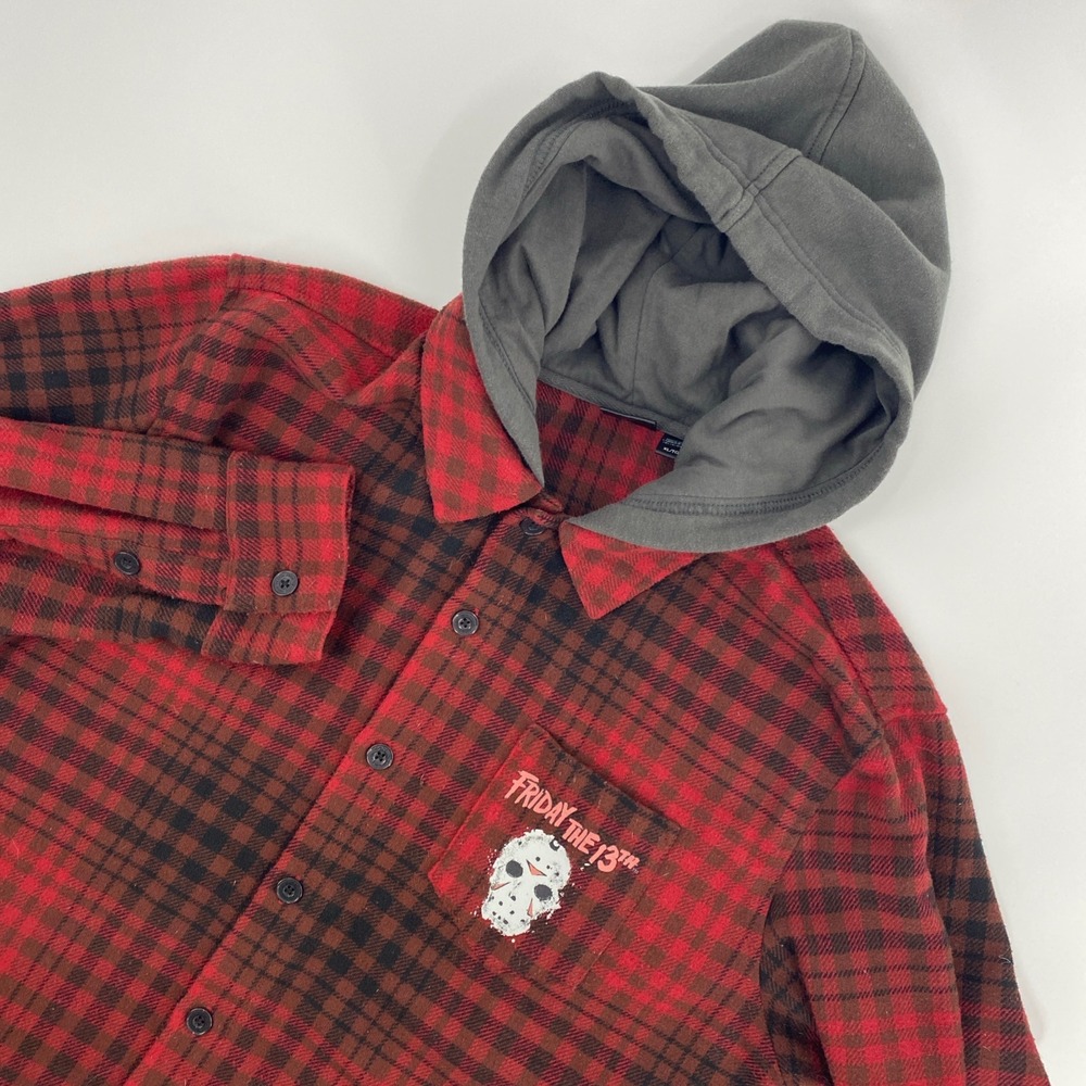 Friday the 13th Hooded Flannel Shirt Mens XL Red Black Halloween Jason Horror